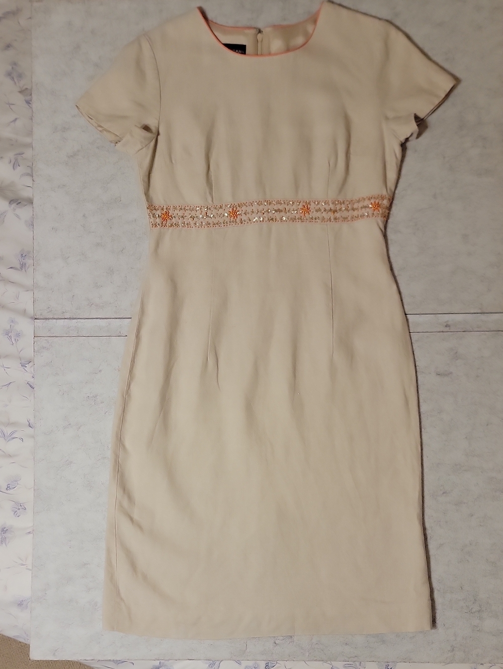 Donna Morgan 100% Linen Sheath Dress Size 8 Beige Beaded Empire Waist
